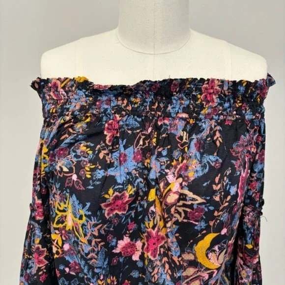 Free People Free Spirited Off The Shoulder Top Bell Sleeve Boho Floral Blouse XS - Picture 9 of 15